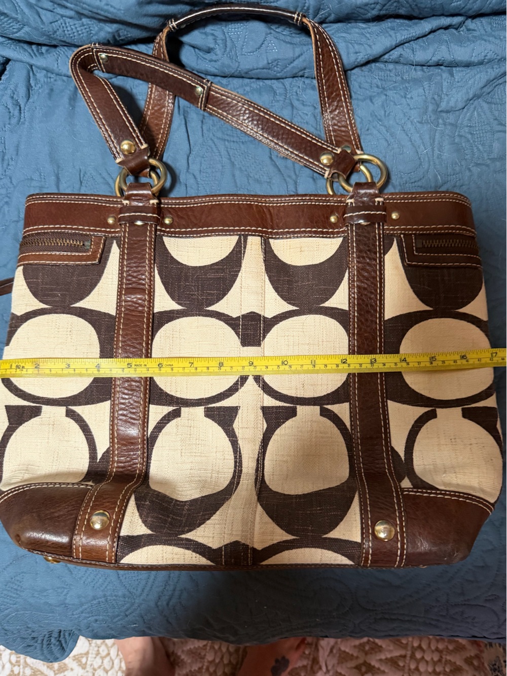 Coach Brown and Beige Signature Canvas Tote with Turn-Lock Front - Picture 3 of 9